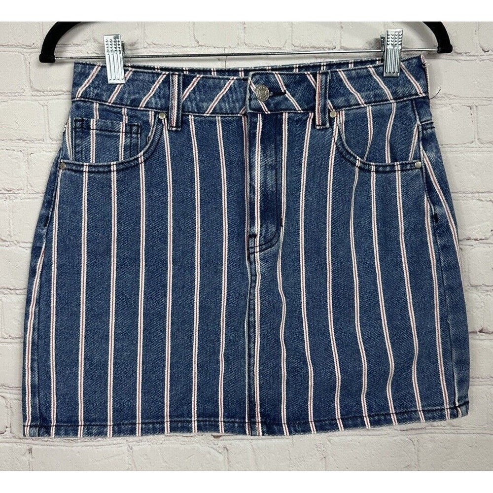 PacSun Red‎ White Blue Striped Cotton Denim Mini Skirt Sz 26 GUC